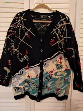 VINTAGE BEREK MARTA D HAND KNITTED PIMA COTTON WINTER THEME CARDIGAN SWEATER L